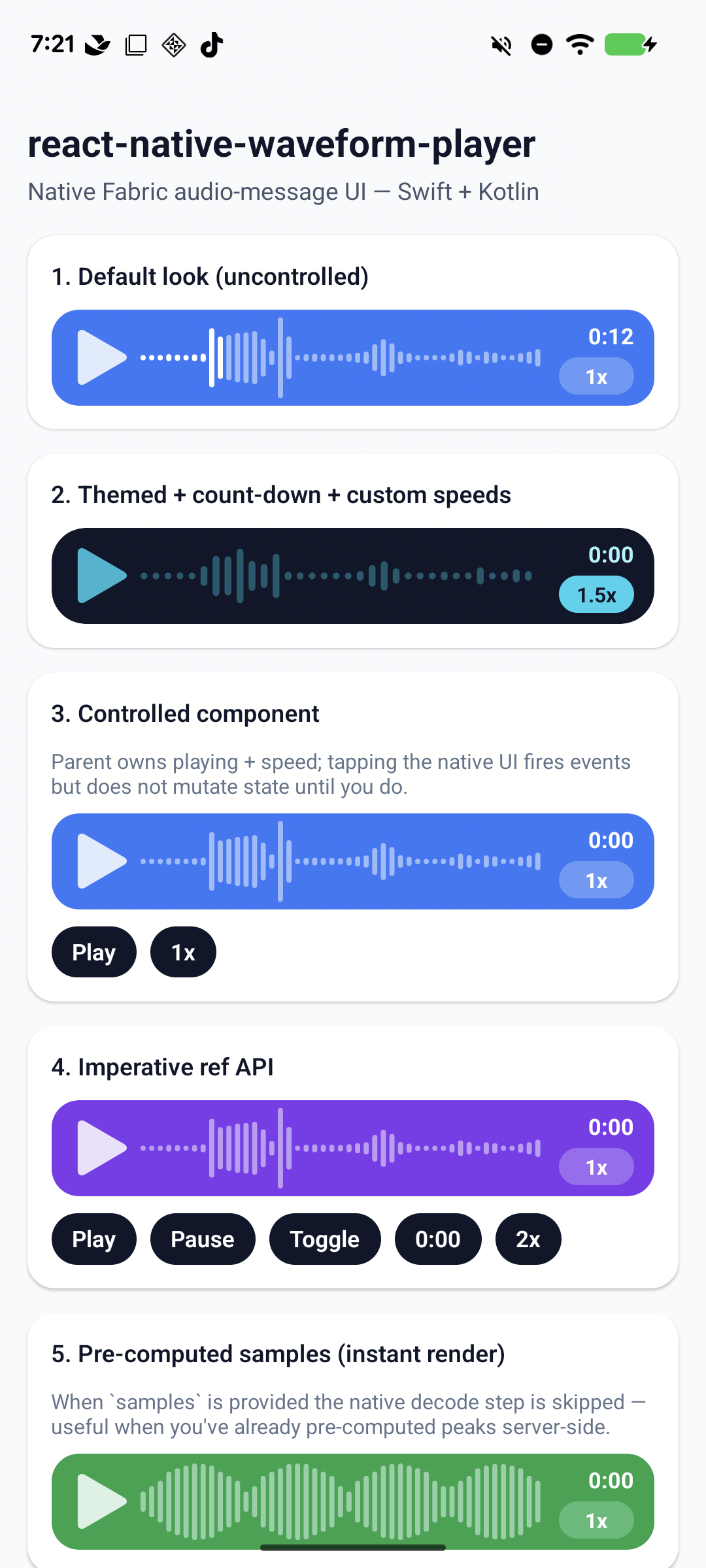 Example app on Android with four voice-note players in different styles