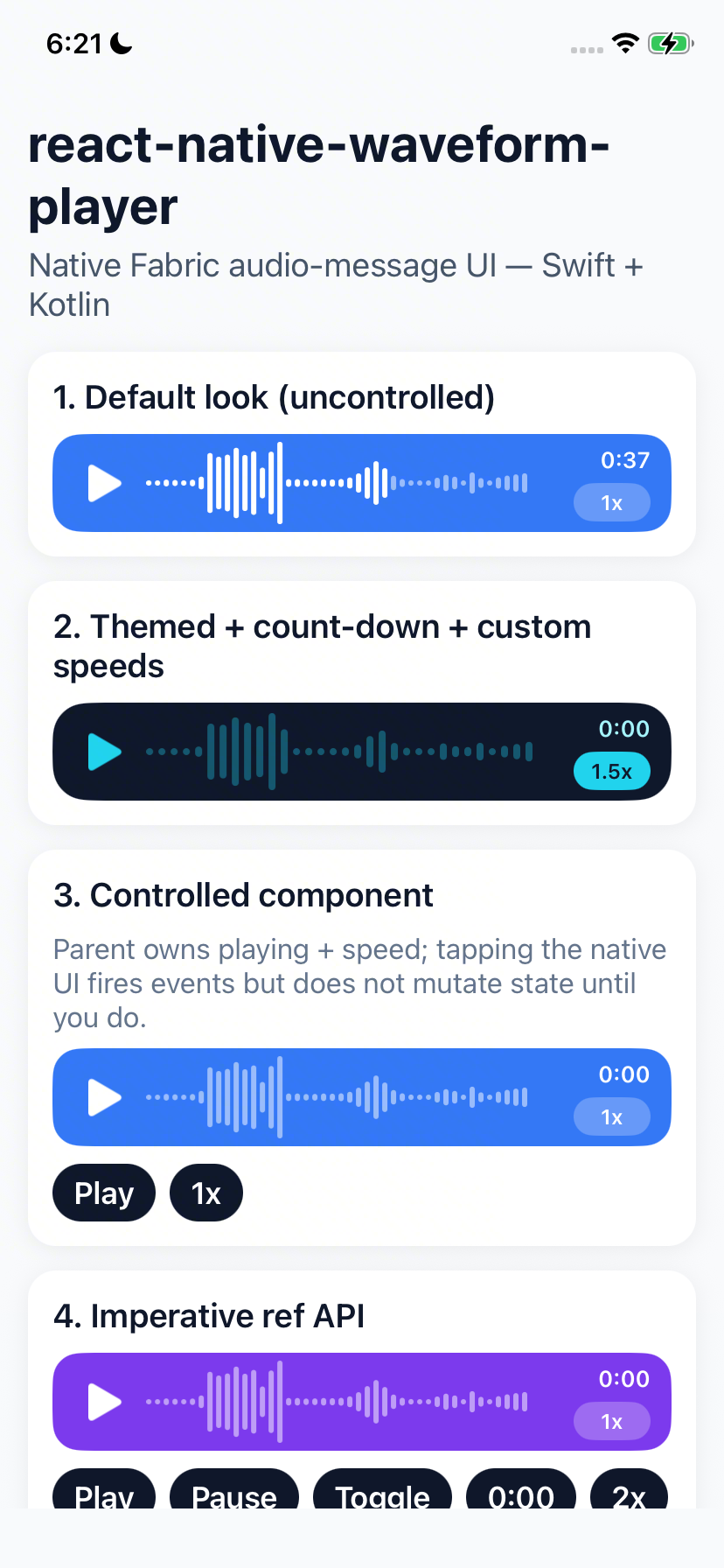 Example app on iOS with four voice-note players in different styles