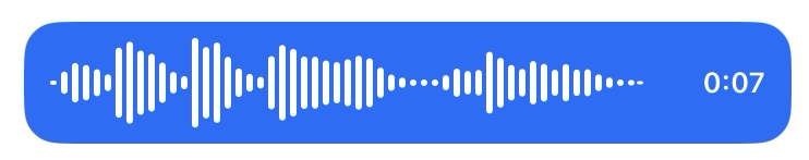 The recorder view on iOS: white waveform bars on a blue pill with a 0:07 timer